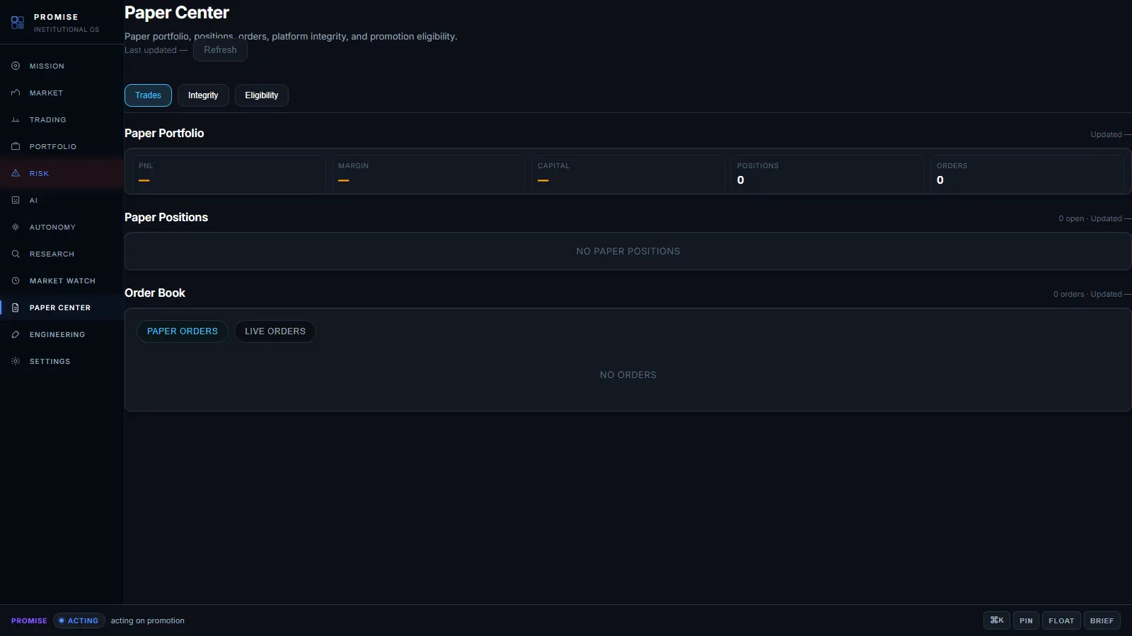 Paper Trading: Paper Center — portfolio, positions, and order book