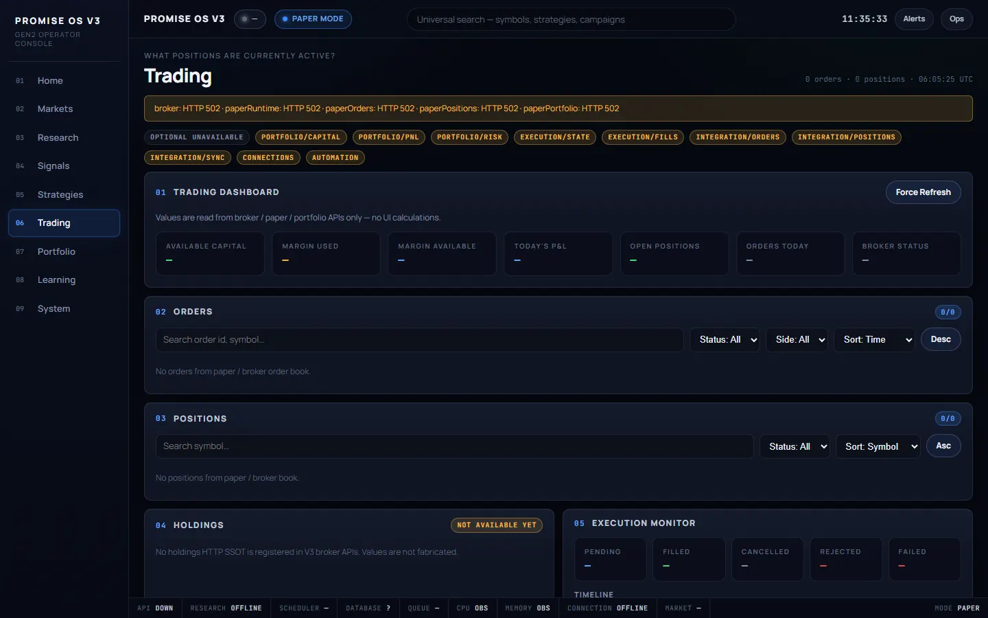 Trading Desk: Trading workspace — orders, positions, execution monitor